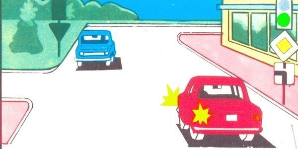 The blue car will drive through the intersection: